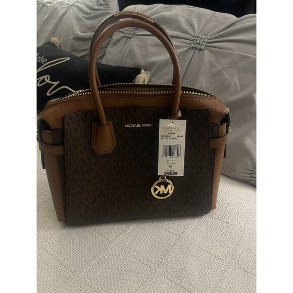 Michael Kors Mercer Medium Signature Logo and Leather Belted Satchel Bag - Picture 5 of 8